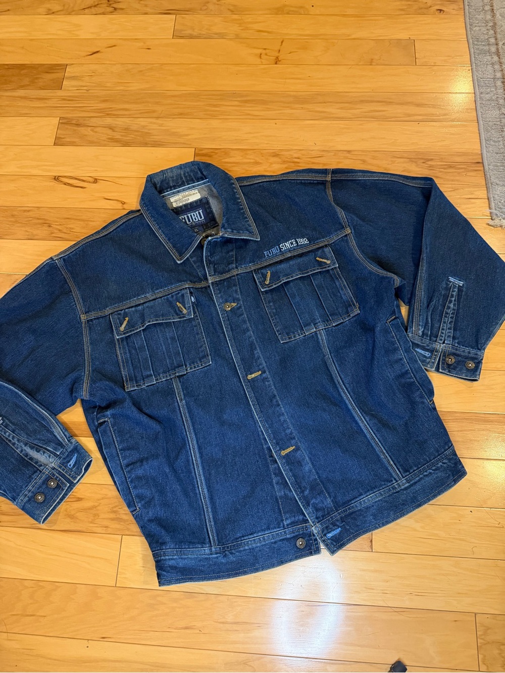 Vintage 90s Y2K FUBU Denim Workwear Jacket Mens XL Dark Wash Hip Hop Streetwear